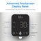 The 2-Stage Countertop Water Dispenser - SIMPL Series features an advanced Brio touchscreen panel with labeled options: UV indicator for self-cleaning, filter reset, power, water level, dispense timer, and selector. The screen shows "30.