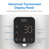 The Brio SIMPL 2-Stage Countertop Water Dispenser features a digital display panel with touch icons for UV, filter reset, power, water level, dispense timer, and time selector. Its bright LED shows “30” above the refillable filtered water tank.