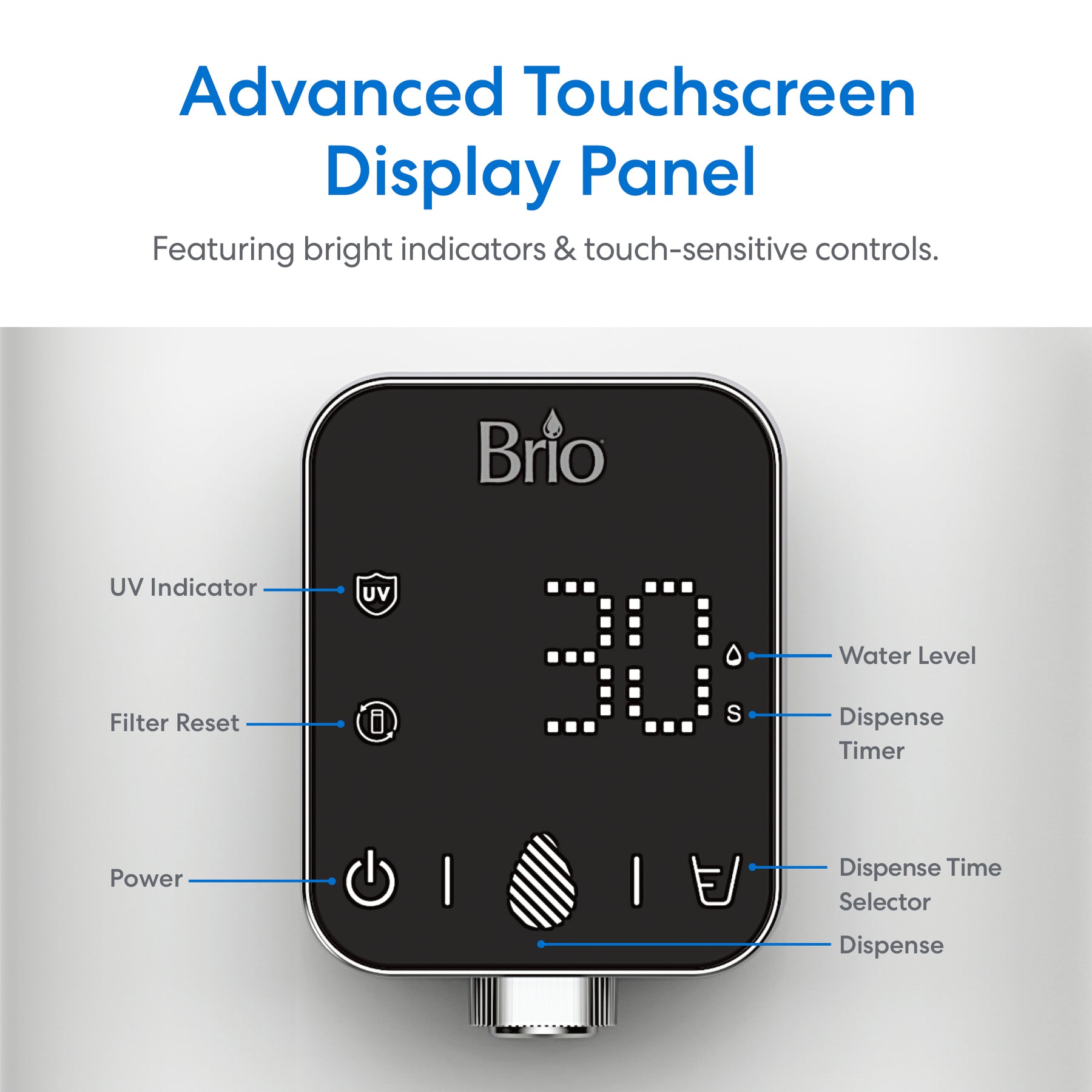 The [SJ] Brio SIMPL 2-Stage Countertop Water Dispenser features an advanced touchscreen panel with labeled indicators for UV, filter reset, power, water level, dispense timer, and time selector plus a digital display reading “30.”.
