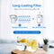 Infographic: 1 SIMPL Series 2-Stage Countertop Water Dispenser filter = 13 standard pitcher filters, lasts 528 gallons or 12 months. Features self-cleaning UV tech. Icons show pitchers, filters, and two lemon water glasses.