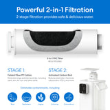 Infographic of the Brio SIMPL 2-Stage Countertop Water Dispenser with dual filtration: folded fiber cotton removes particles and activated carbon rod reduces chemicals. Icons show water free from rust, sediment, algae, chlorine, and chloroform.