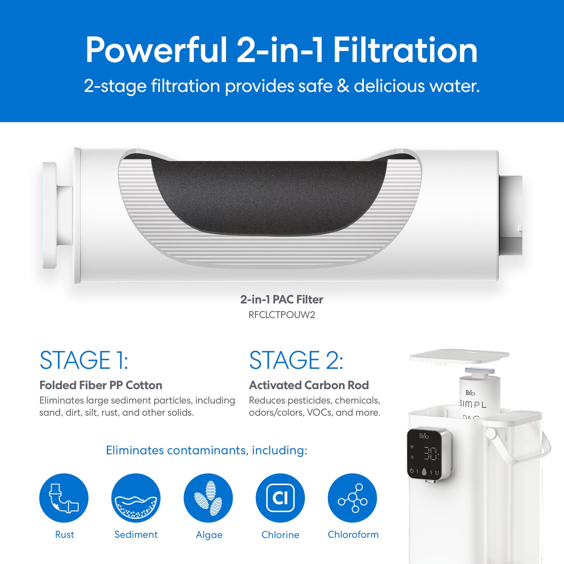 A diagram displays the [SJ] Brio SIMPL 2-Stage Countertop Water Dispenser featuring folded fiber PP cotton to remove large particles and an activated carbon rod to reduce chemicals, with icons showing removal of rust, sediment, algae, chlorine, and chloroform.