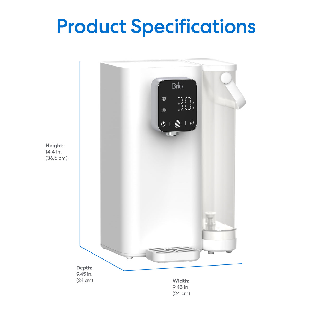 A white 2-Stage Countertop Water Dispenser - SIMPL Series is shown with digital display and labeled dimensions: height 14.4 in (36.6 cm), depth 9.45 in (24 cm), width 9.45 in (24 cm). "Product Specifications" appears at the top.