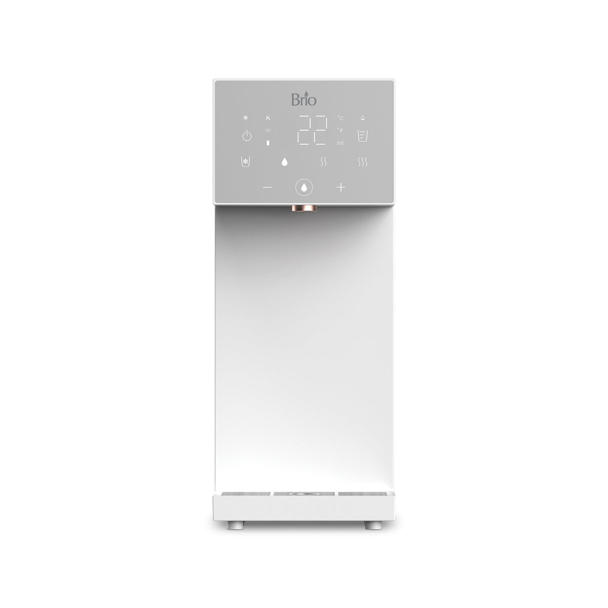 The SIMPL W3 Countertop 2-in-1 Mineralization Water Filter Dispenser features a refillable tank, digital display, and touch controls for filtered water dispensed from a nozzle below the control panel.