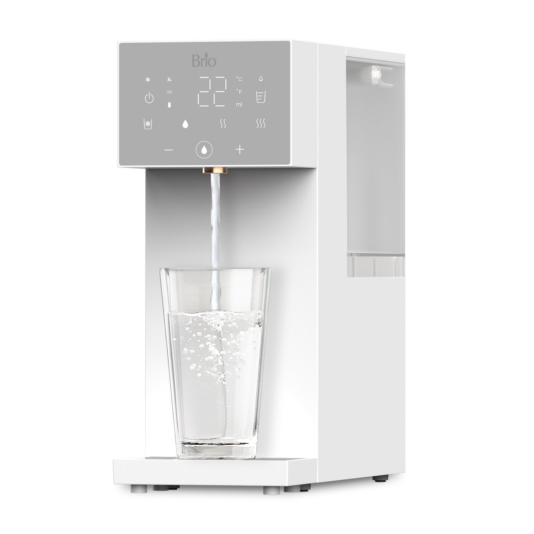 The SIMPL W3 Countertop 2-in-1 Mineralization Water Filter Dispenser in white features a digital display, touch controls, and a visible refillable tank while pouring filtered water into a glass.