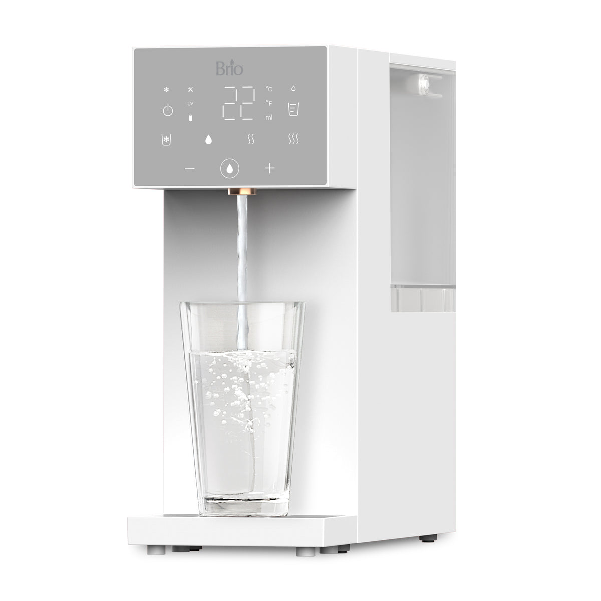 The SIMPL W3 Countertop 2-in-1 Mineralization Water Filter Dispenser in white features a digital display, touch controls, and a visible refillable tank while pouring filtered water into a glass.