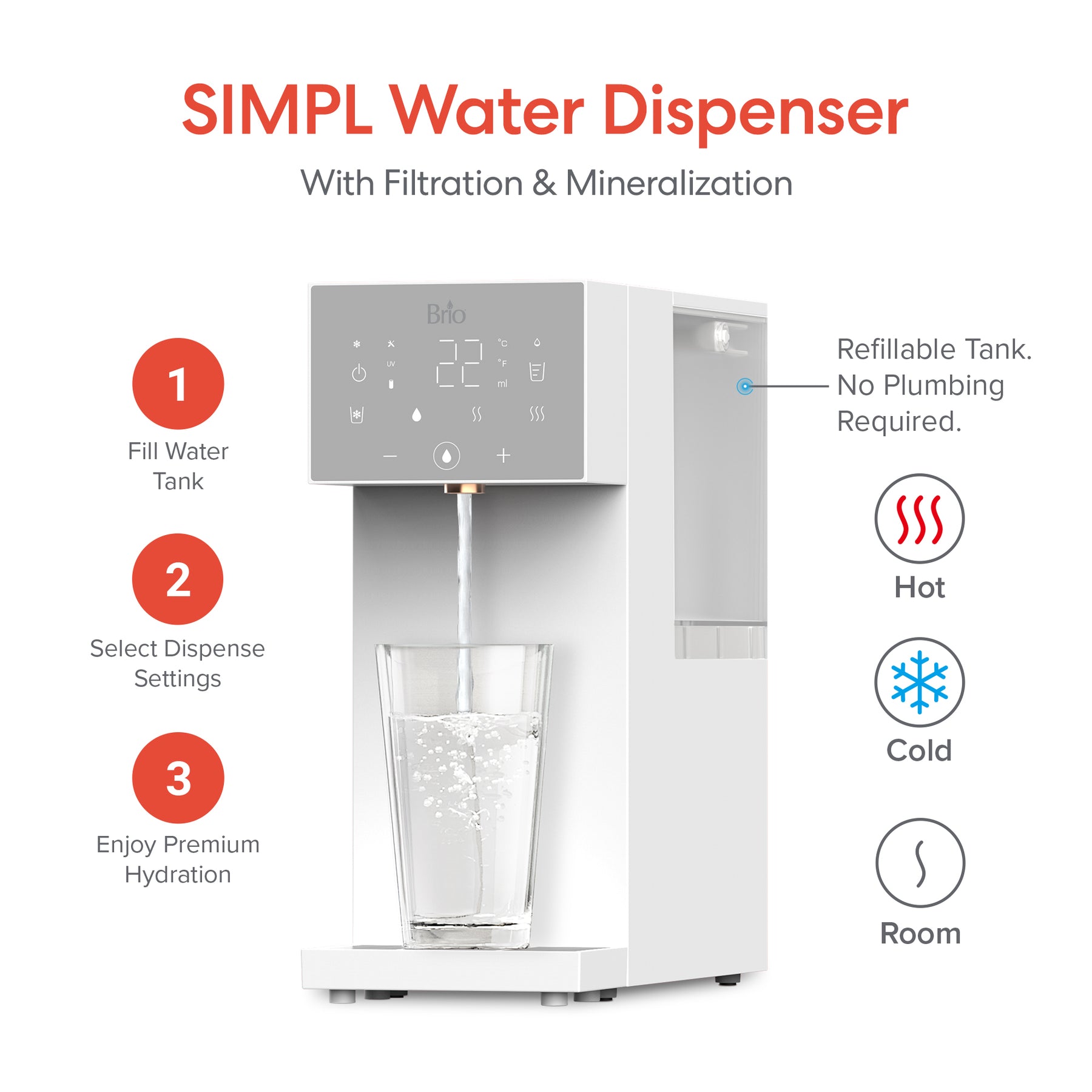 The SIMPL W3 Countertop 2-in-1 Mineralization Water Filter Dispenser features a digital display and offers hot, cold, or room temperature filtered water. Just fill the refillable tank, select your setting, and enjoy—no plumbing needed.