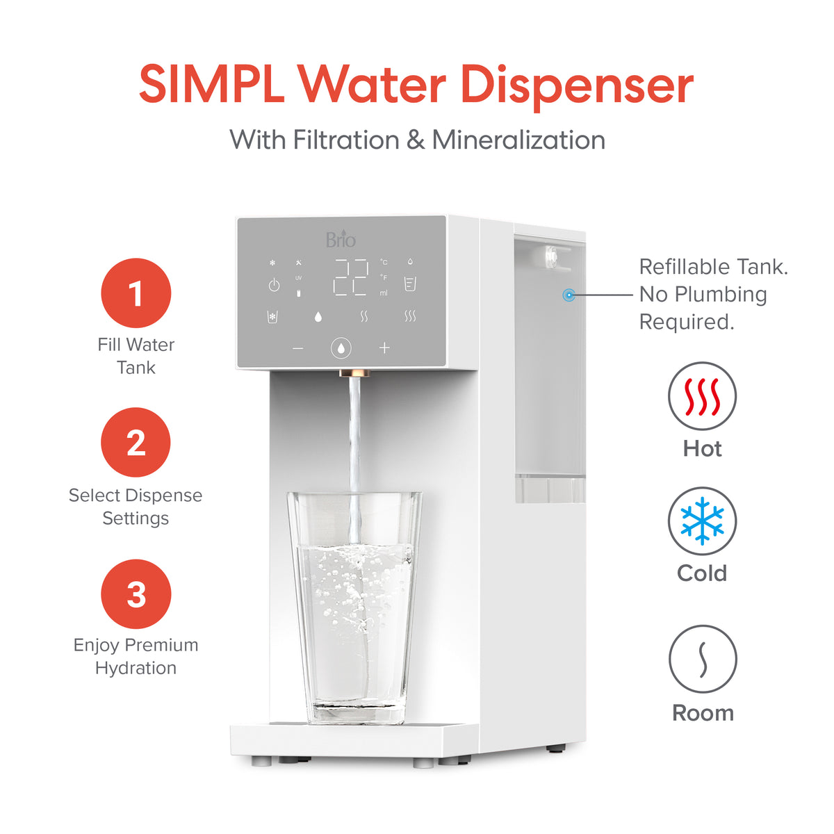 The SIMPL W3 Countertop 2-in-1 Mineralization Water Filter Dispenser features a digital display and offers hot, cold, or room temperature filtered water. Just fill the refillable tank, select your setting, and enjoy—no plumbing needed.