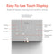 Touch display panel for the SIMPL W3 Countertop 2-in-1 Mineralization Water Filter Dispenser with controls for cooling, power, filter life, dispensing, water alerts, refillable tank level, preset volume, temperature settings, and UV fault indicator.
