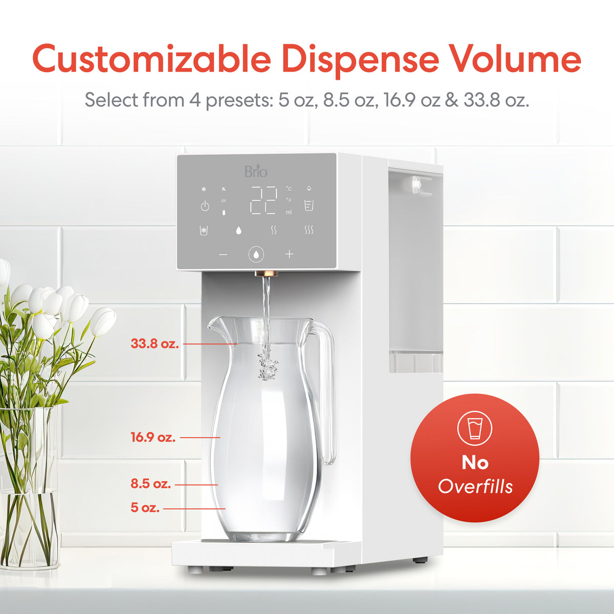 The SIMPL W3 Countertop 2-in-1 Mineralization Water Filter Dispenser fills a glass pitcher with filtered water. The display features presets: 5, 8.5, 16.9, and 33.8 oz. A red circle states No Overfills. White tiles and flowers are in the background.