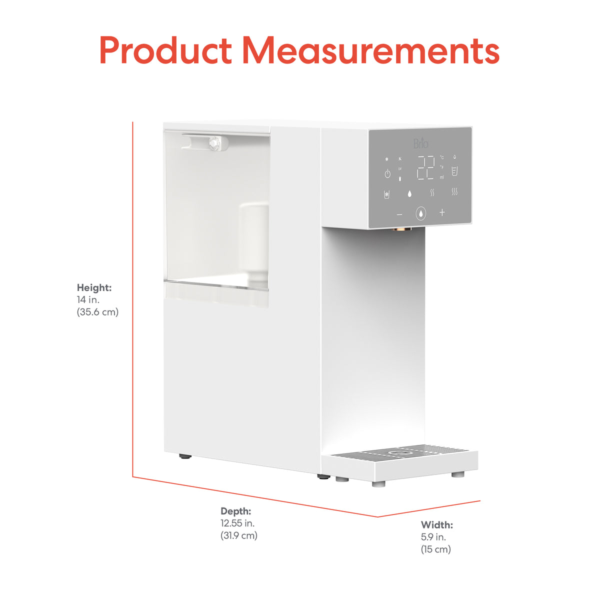 The SIMPL W3 Countertop 2-in-1 Mineralization Water Filter Dispenser features a white finish, refillable tank with labeled measurements, and dimensions of 14 in (35.6 cm) height, 12.55 in (31.9 cm) depth, and 5.9 in (15 cm) width.