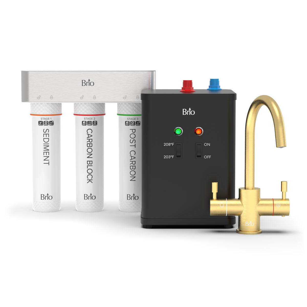 The 3-Stage Instant Hot Water Under Sink Dispenser System - Brushed Gold features three labeled filter cartridges, a rectangular black control unit with indicator lights and switches, and a brushed gold dual-flow faucet with two handles for instant hot water dispensing.