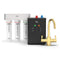 The 3-Stage Instant Hot Water Under Sink Dispenser System - Brushed Gold features three labeled filter cartridges, a rectangular black control unit with indicator lights and switches, and a brushed gold dual-flow faucet with two handles for instant hot water dispensing.