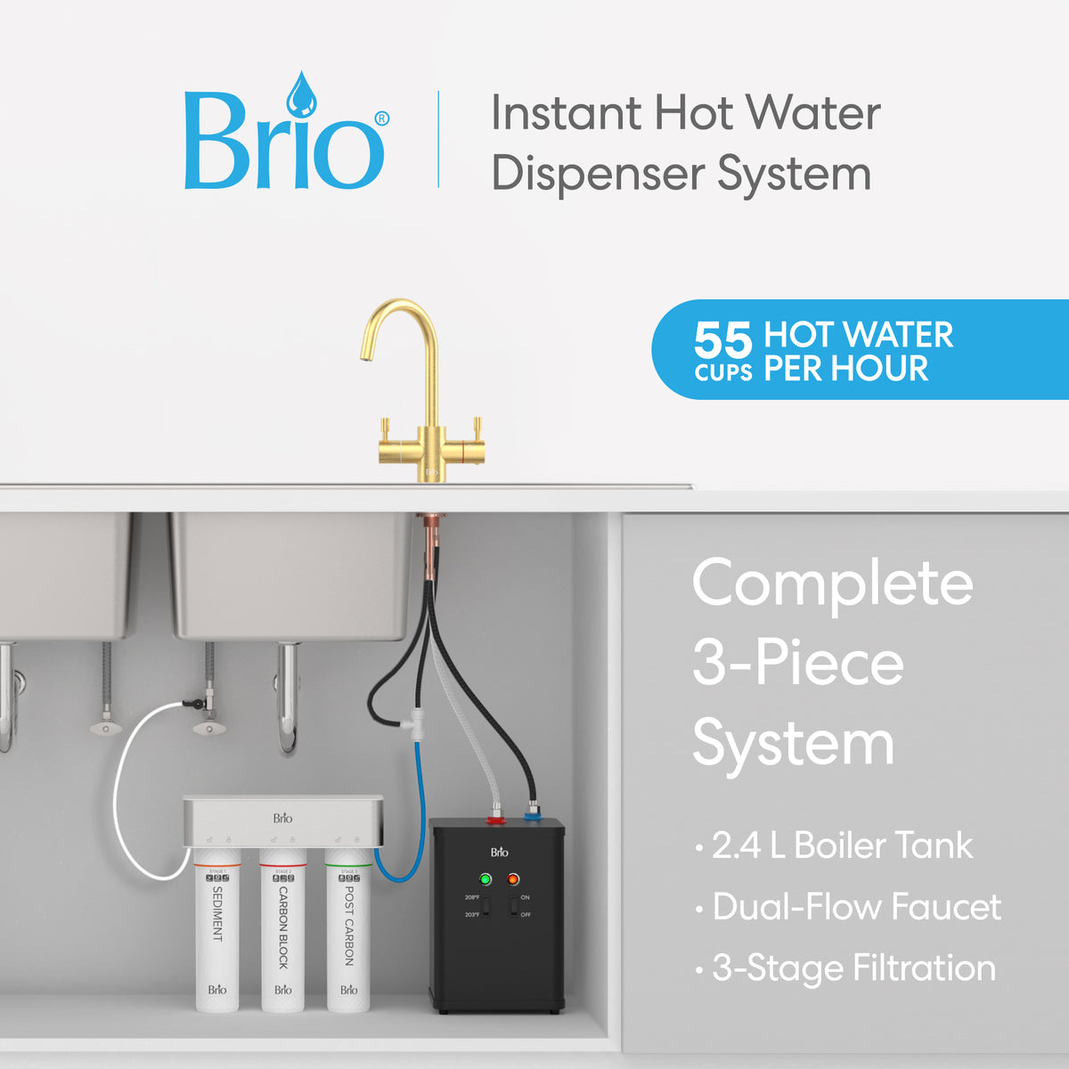 The 3-Stage Instant Hot Water Under Sink Dispenser System - Brushed Gold features a dual-flow gold faucet, under-sink 2.4L boiler tank, and advanced dual water filters with 3-stage filtration to deliver up to 55 cups of purified hot water per hour—making it the perfect solution for instant access to clean, hot water right from your sink.