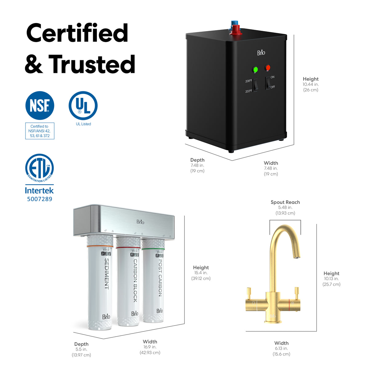 Diagram displaying certifications and dimensions of the 3-Stage Instant Hot Water Under Sink Dispenser System - Brushed Gold, featuring a black box unit, a three-filter section, and a gold dual flow faucet—perfect for pairing with an under sink hot water system or instant hot water dispenser—with NSF, UL, and ETL certification labels positioned on the left side.