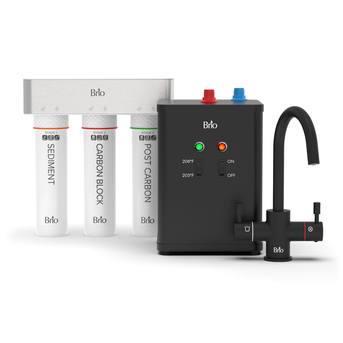 Experience instant hot water in your modern kitchen with the 3-Stage Instant Hot Water Under Sink Dispenser System - Matte Black. This system features a sleek black main unit with clearly labeled three-stage filter cartridges, convenient temperature settings, and visible power switches. It includes a matching dual flow faucet and offers easy-to-use controls, making it an ideal solution for both filtered and instant hot water needs.
