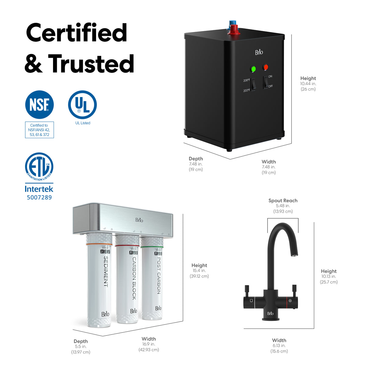 Diagram illustrating components of the 3-Stage Instant Hot Water Under Sink Dispenser System - Matte Black, featuring a black tank, triple-filter unit, and dual flow faucet with spout reach indicated. Includes certification badges (NSF, UL, Intertek). Caption reads: Certified & Trusted.