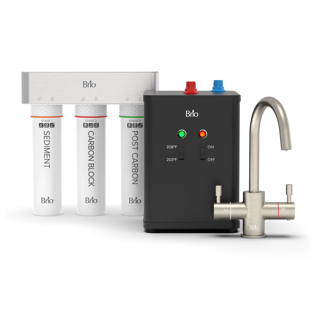 The 3-Stage Instant Hot Water Under Sink Dispenser System - Brushed Nickel includes three water filter cartridges—Sediment, Carbon Block, and Post Carbon—paired with a control box featuring temperature buttons and indicator lights, as well as a stainless steel dual flow faucet that dispenses both filtered water and instant hot water on demand.