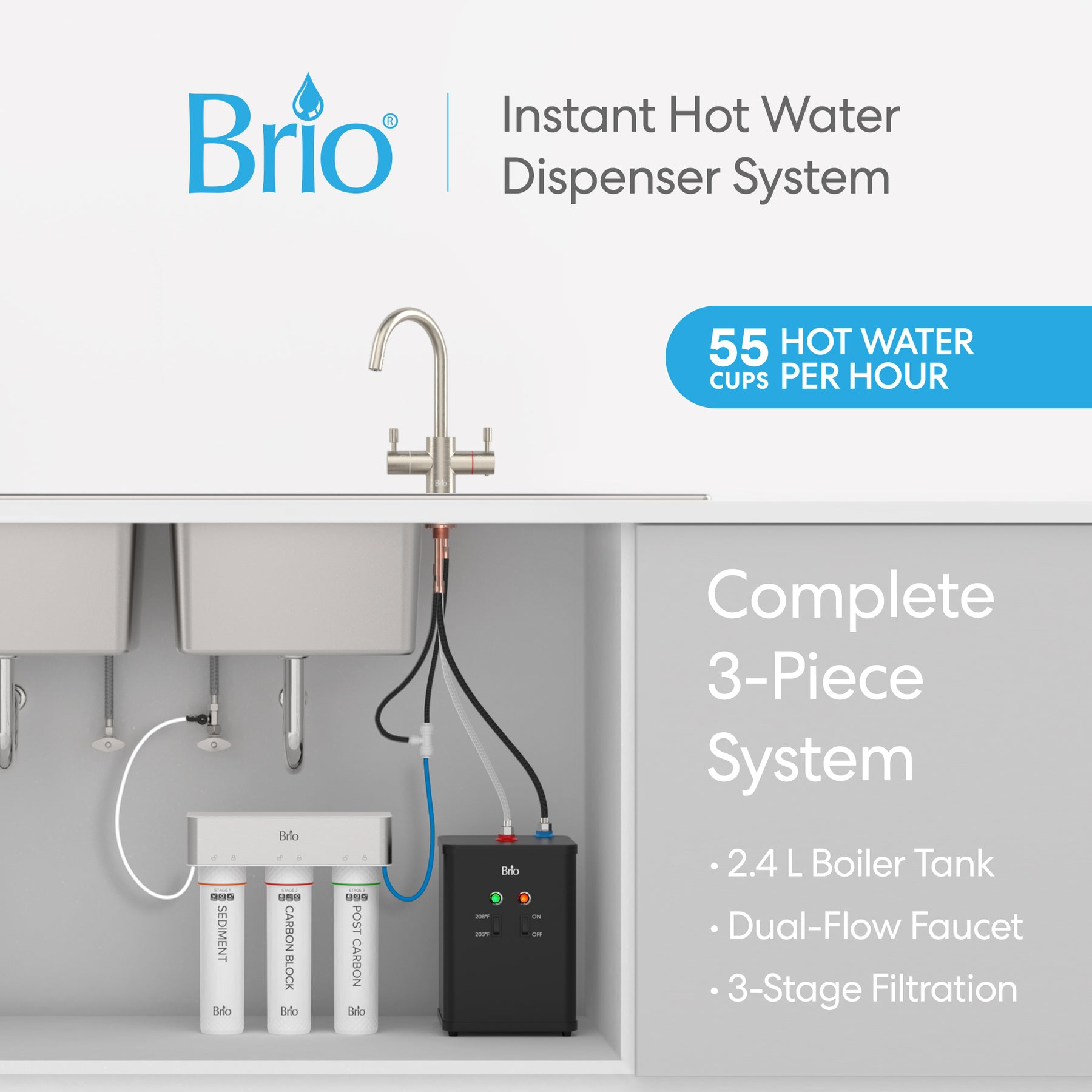 Brio 3-Stage Instant Hot Water Undersink Dispenser System – Brushed Nickel