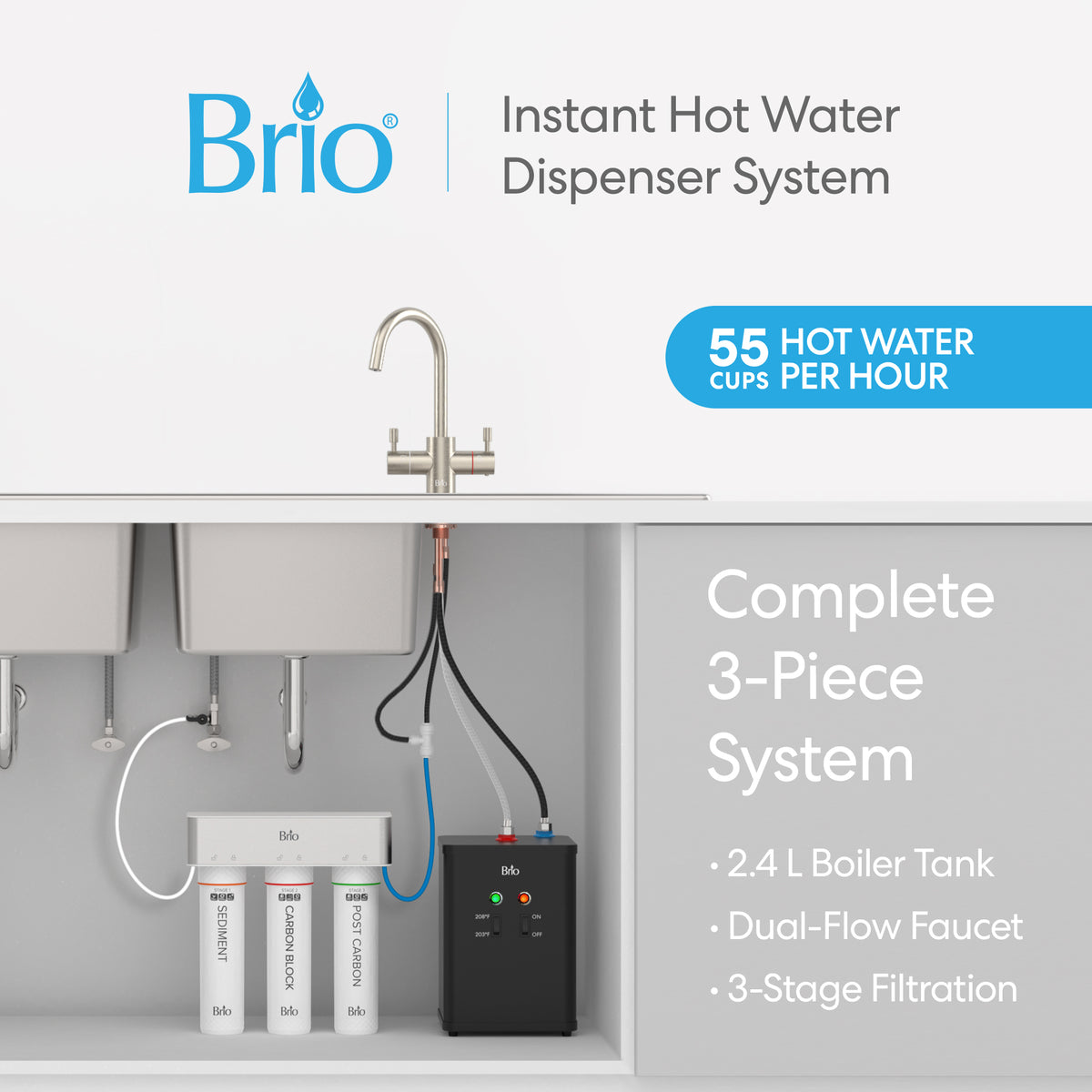 The 3-Stage Instant Hot Water Under Sink Dispenser System – Brushed Nickel is installed beneath your sink and features a dual flow faucet, advanced filtration cartridges, and a durable boiler tank. This efficient system delivers up to 55 cups of hot water per hour, with highlighted key features for convenient and reliable use.