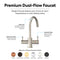 Diagram of the 3-Stage Instant Hot Water Under Sink Dispenser System in a brushed nickel finish, displaying labeled features including separate dispensers for filtered water and near-boiling water supplied by the under sink system. Six available finish options are illustrated below the faucet.
