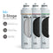 Three cartridges designed for the 3-Stage Instant Hot Water Under Sink Dispenser System - Brushed Nickel are labeled Sediment, Carbon, and GAC, each showcasing partially cut-away interiors to reveal unique filtration materials. On the left, icons and text detail each stage of filtration, making it easy to integrate these filters with a dual flow faucet setup for fresh, great-tasting water—perfect for use with an instant hot water dispenser or under sink hot water system.