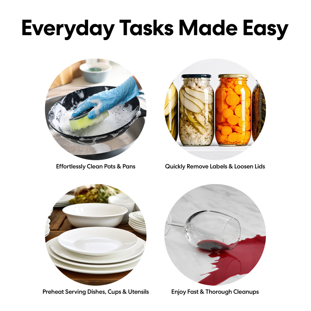 A gloved hand easily scrubs a pan, surrounded by labeled jars, clean stacked dishes, and a wine spill next to a glass—all highlighting effortless everyday cleaning made even simpler with the 3-Stage Instant Hot Water Under Sink Dispenser System in Brushed Nickel installed below the sink.
