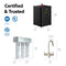 Diagram displaying the 3-Stage Instant Hot Water Under Sink Dispenser System - Brushed Nickel, featuring labeled dimensions for three components, an under sink hot water system, and certification icons (NSF, UL, ETL) alongside the text “Certified & Trusted” on a white background.