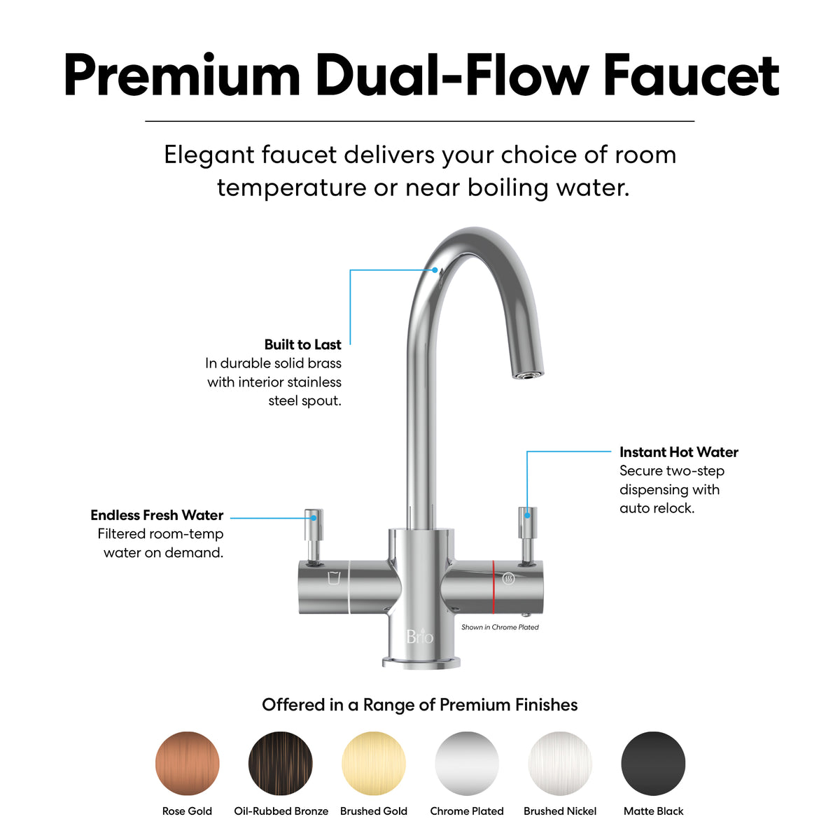 The 3-Stage Instant Hot Water Under Sink Dispenser System – Chrome Plated is a sleek, silver dual handle faucet crafted from solid brass. It offers both hot and filtered water on demand, delivering instant heated water and endless filtered supply. Compatible with an under sink hot water system, this faucet is available in chrome plated finish as well as rose gold, oil-rubbed bronze, brushed gold, brushed nickel, and matte black options.