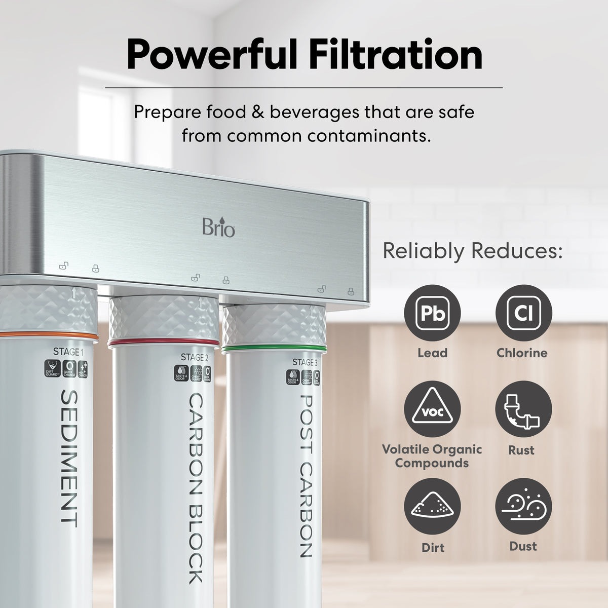 Featuring the 3-Stage Instant Hot Water Under Sink Dispenser System - Chrome Plated, this advanced water filtration solution includes three clearly labeled filter cartridges that powerfully reduce lead, chlorine, VOCs, rust, dirt, and dust. Text reads: Powerful Filtration and Reliably Reduces. Equipped with a dual flow faucet for added convenience in your modern kitchen setting.