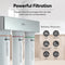 Featuring the 3-Stage Instant Hot Water Under Sink Dispenser System - Chrome Plated, this advanced water filtration solution includes three clearly labeled filter cartridges that powerfully reduce lead, chlorine, VOCs, rust, dirt, and dust. Text reads: Powerful Filtration and Reliably Reduces. Equipped with a dual flow faucet for added convenience in your modern kitchen setting.