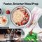 A bowl of instant cereal with berries, a cup of hot coffee being poured from the 3-Stage Instant Hot Water Under Sink Dispenser System (Chrome Plated), and a dish of blanched vegetables. Text: Faster, Smarter Meal Prep. Labels: Instant Cereal, Hot Coffee, Blanched Vegetables.