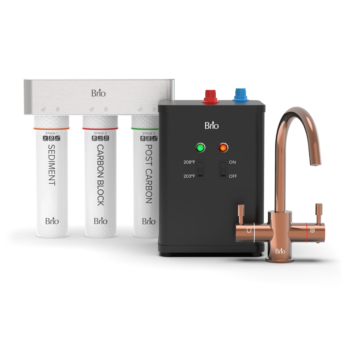 The 3-Stage Instant Hot Water Under Sink Dispenser System – Rose Gold features three filter cartridges, a black control box with buttons and indicator lights, and a rose gold dual flow faucet for dispensing both filtered cold and instant hot water.