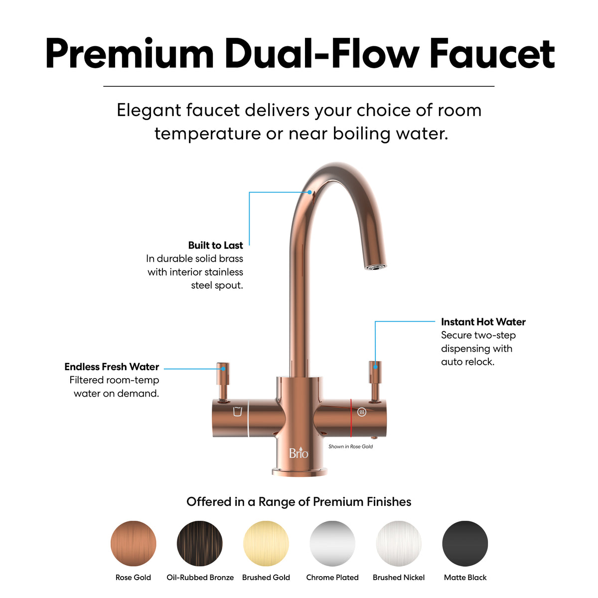 3-Stage Instant Hot Water Under Sink Dispenser System – Rose Gold features a rose gold dual-flow faucet with two handles, clearly labeled for hot and cold water. Available finishes include rose gold, oil-rubbed bronze, brushed gold, chrome, brushed nickel, and matte black. This system is compatible with an under sink hot water system or instant hot water dispenser for added convenience and efficiency.