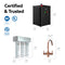 Diagram depicting the certifications (NSF, UL, ETL) and dimensions for the 3-Stage Instant Hot Water Under Sink Dispenser System - Rose Gold: features include a black tank, a three-filter unit, and a dual flow rose-gold faucet—perfect for use as an under sink hot water system or as an instant hot water dispenser. All components are labeled with their height, width, depth, and spout reach.