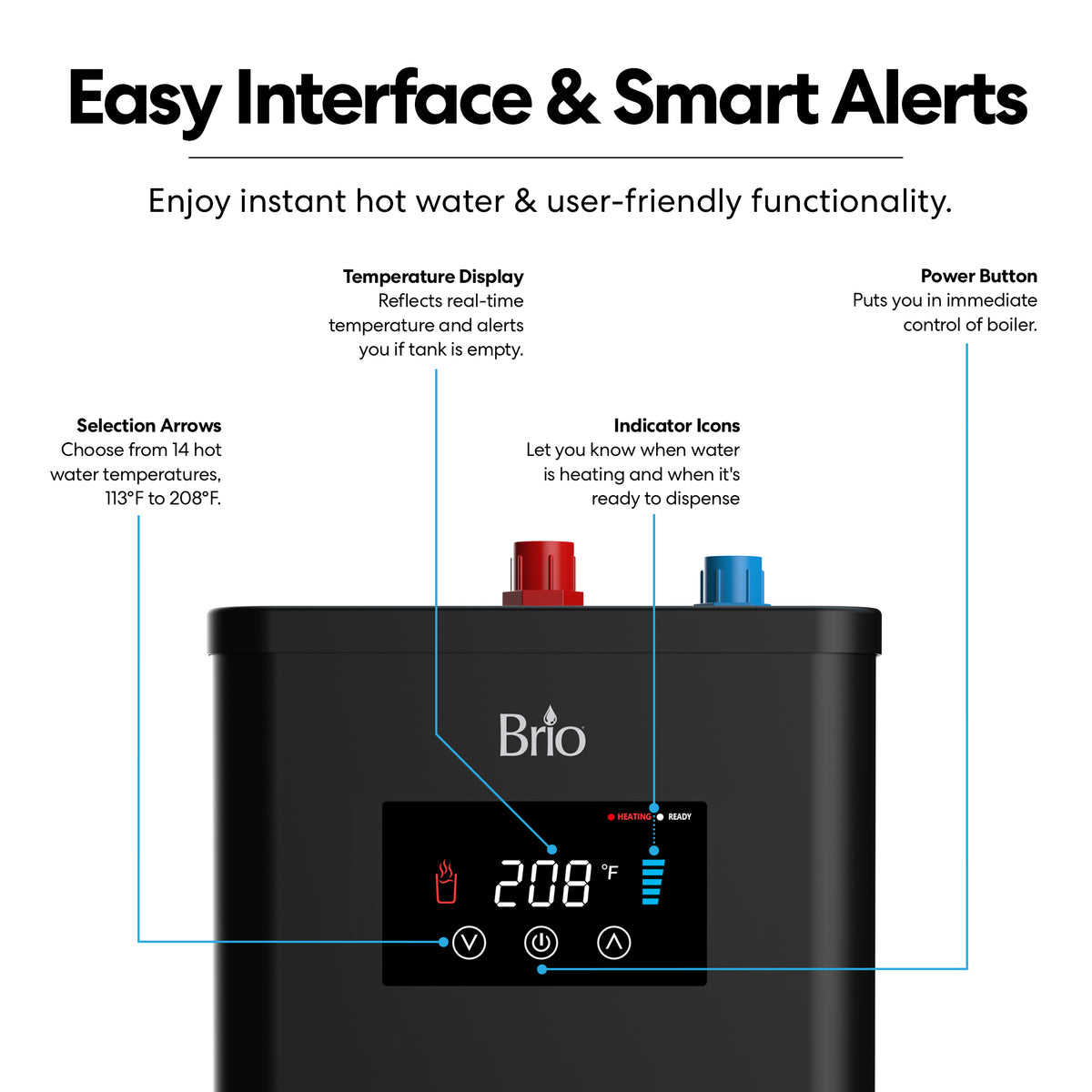 Front view of the 3-Stage Digital Instant Hot Water Under Sink Dispenser System in Brushed Gold, featuring labeled components such as a temperature display, selection arrows, indicator icons, and a power button. The display reads 208°F and shows water, cup, and warning icons—perfect for pairing with a dual flow faucet or integrating into your instant hot water system.