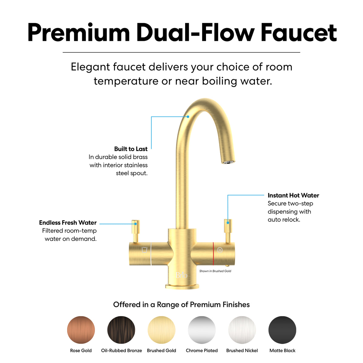 3-Stage Digital Instant Hot Water Under Sink Dispenser System – Brushed Gold: Dual-handle faucet featuring clearly labeled functions and available in six finishes—rose gold, oil-rubbed bronze, brushed gold, chrome plated, brushed nickel, and matte black. Designed as a dual-flow faucet for compatibility with an under sink hot water dispenser or instant hot water system. Key features include both filtered and instant hot water delivery.