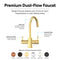 3-Stage Digital Instant Hot Water Under Sink Dispenser System – Brushed Gold: Dual-handle faucet featuring clearly labeled functions and available in six finishes—rose gold, oil-rubbed bronze, brushed gold, chrome plated, brushed nickel, and matte black. Designed as a dual-flow faucet for compatibility with an under sink hot water dispenser or instant hot water system. Key features include both filtered and instant hot water delivery.
