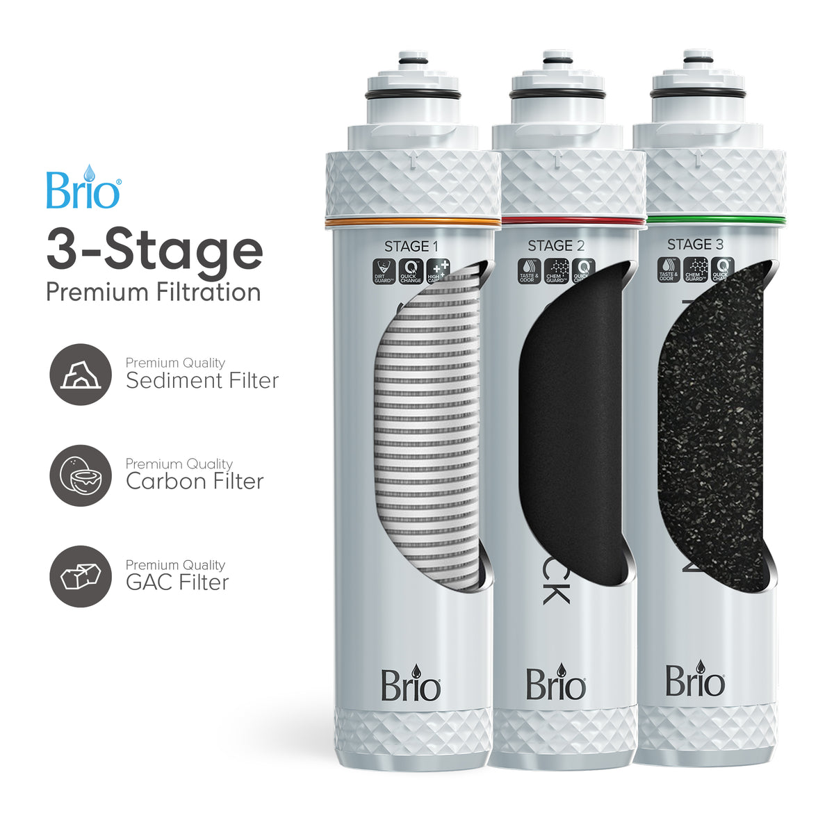 Three filter cartridges—labeled sediment, carbon, and GAC—with clear icons and cutaways revealing their internal filtration materials, are featured as essential components of the 3-Stage Digital Instant Hot Water Under Sink Dispenser System in Brushed Gold, making them perfect for use with a dual flow faucet or integration into an instant hot water setup.
