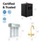 Diagram showing the 3-Stage Digital Instant Hot Water Under Sink Dispenser System - Brushed Gold, with component dimensions and certifications (NSF, UL, ETL). Components include a black digital control unit, three filter cylinders, and a brushed gold dual flow faucet for instant hot water dispensing—all with labeled height, width, and depth measurements.