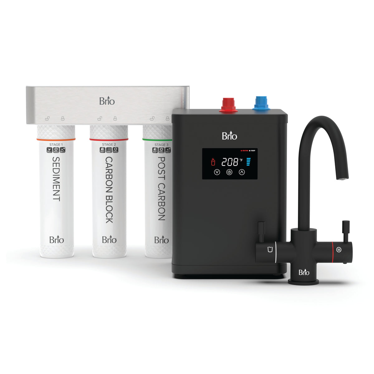 The 3-Stage Digital Instant Hot Water Under Sink Dispenser System - Matte Black includes three clearly labeled filter cartridges, a digital control unit that displays 208°F for precise temperature management, and a modern matte black dual-flow faucet with separate hot and cold handles, providing the convenience of instant hot water on demand.
