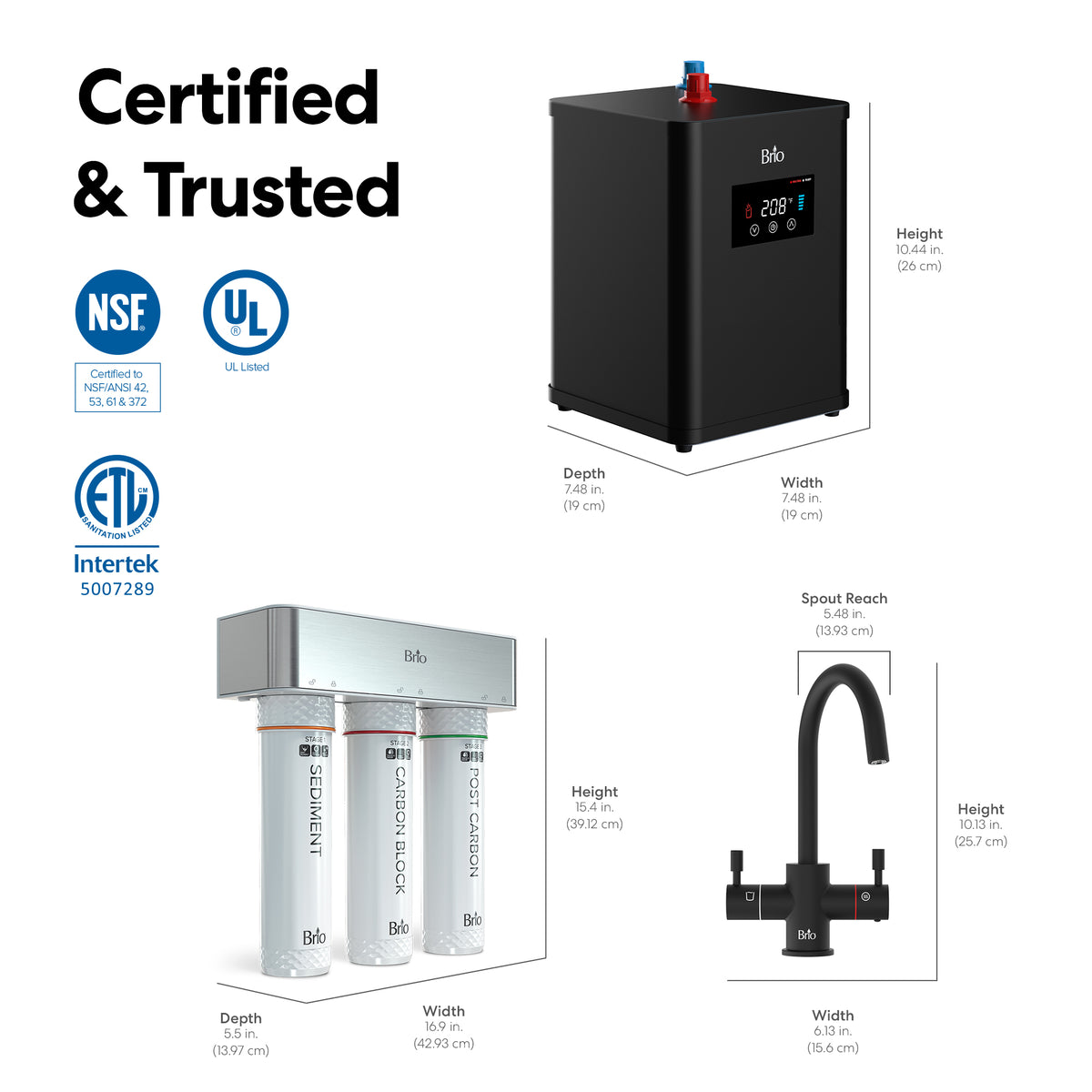 3-Stage Digital Instant Hot Water Under Sink Dispenser System - Matte Black, featuring three filter cartridges, a matte black tank with an integrated display, and a dual flow faucet. Dimensions and certification logos (NSF, UL, ETL) are provided for each component.