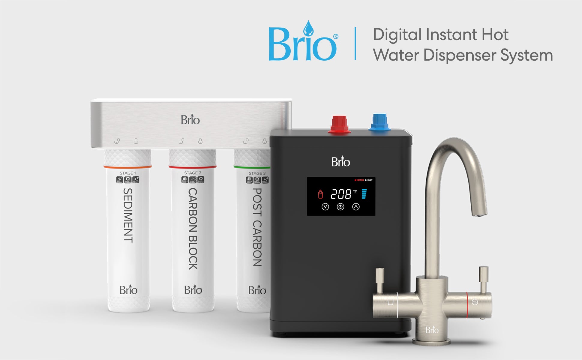 Brio 3-Stage Digital Instant Hot Water Undersink Dispenser System with Dual Flow Faucet in Brushed Nickel, Dispenses Hot & Room, NSF/ANSI 42, 53, 61