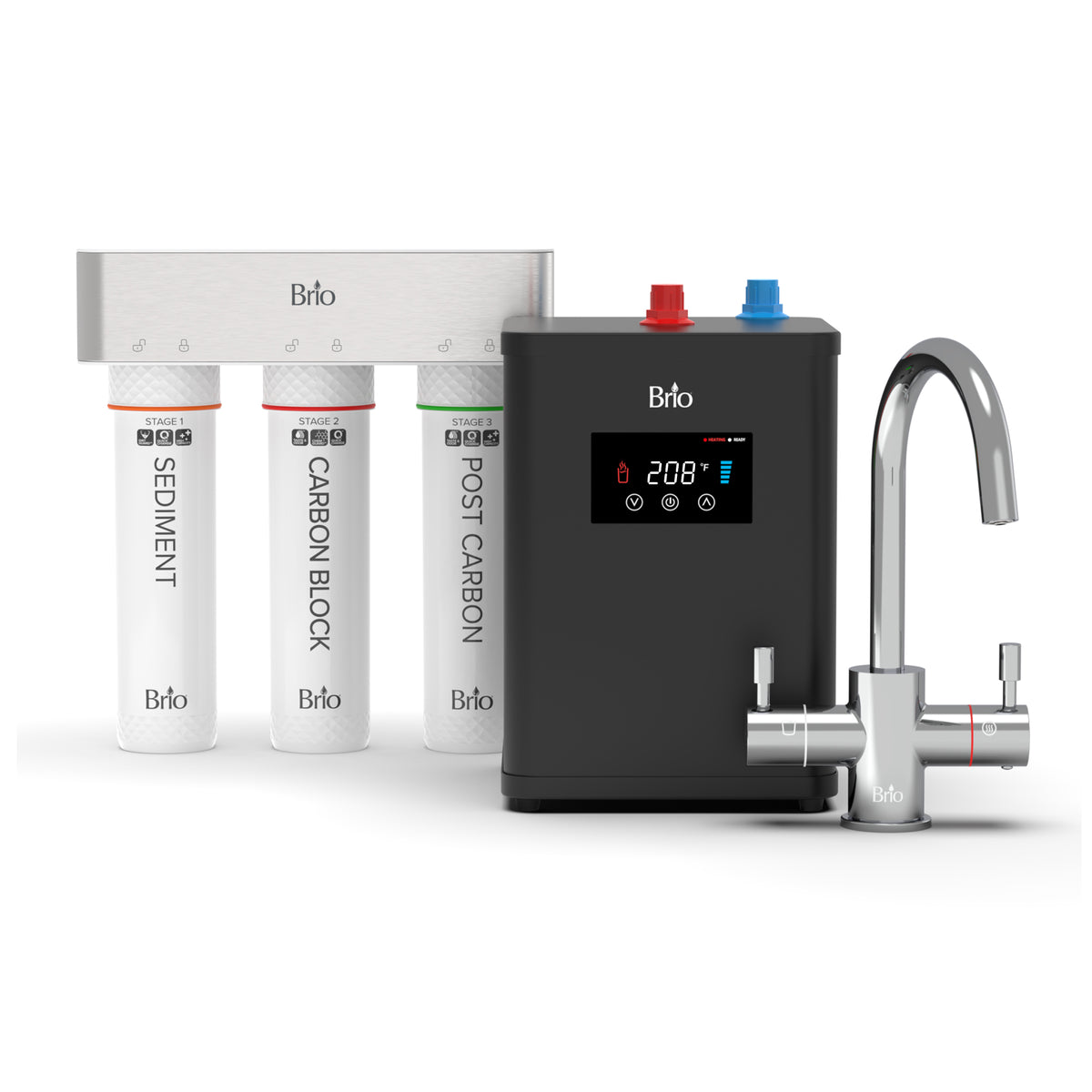 The 3-Stage Digital Instant Hot Water Under Sink Dispenser System - Chrome Plated features three labeled filter cartridges (Sediment, Carbon Block, Post Carbon), a sleek black digital control unit, and a modern chrome-plated dual flow faucet—perfectly designed to complement your under sink hot water system.