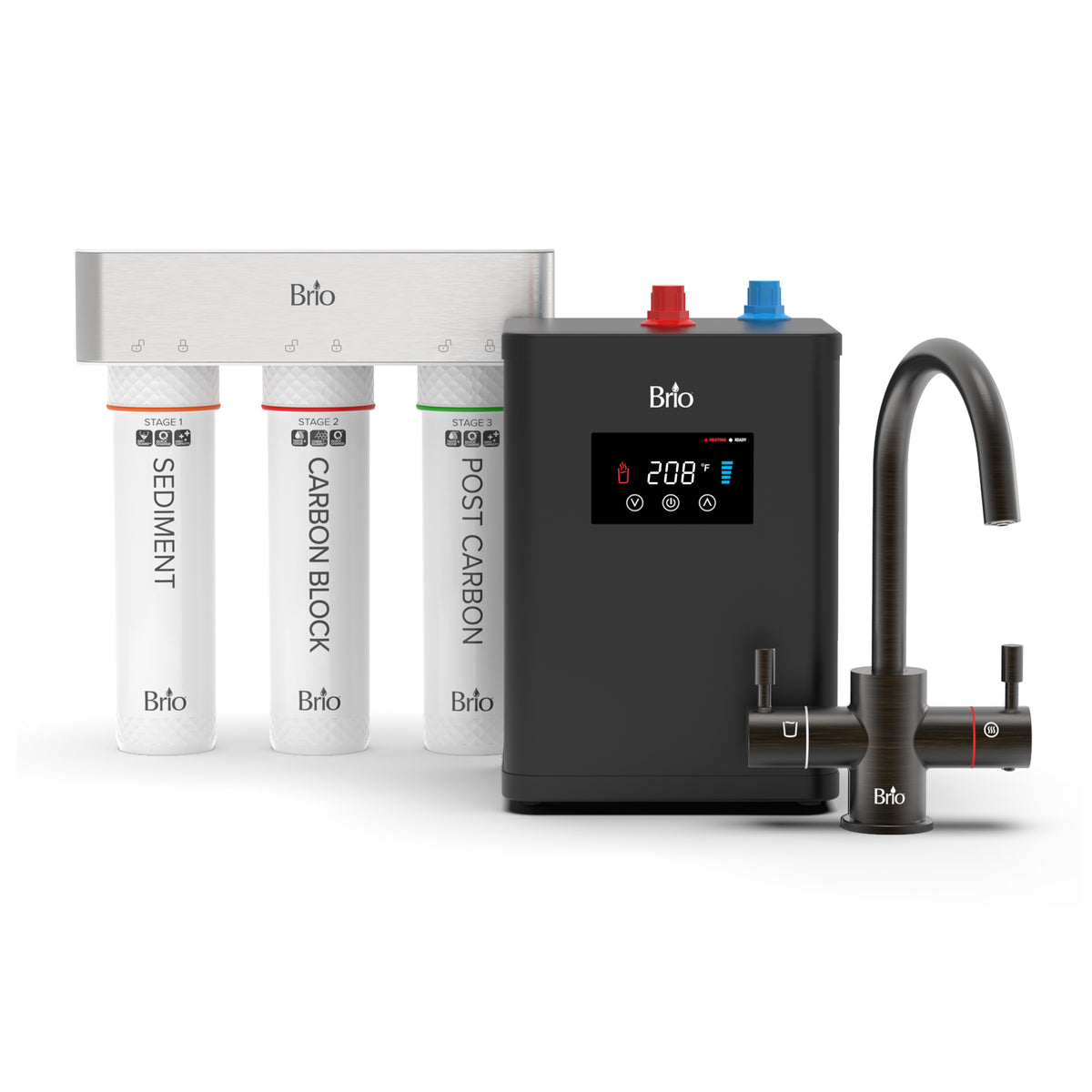 The 3-Stage Digital Instant Hot Water Under Sink Dispenser System in oil-rubbed bronze features three labeled filter cartridges (sediment, carbon block, post carbon), a digital control unit, and a sleek black digital hot water faucet for instant access to filtered hot water.