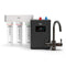 The 3-Stage Digital Instant Hot Water Under Sink Dispenser System in oil-rubbed bronze features three labeled filter cartridges (sediment, carbon block, post carbon), a digital control unit, and a sleek black digital hot water faucet for instant access to filtered hot water.