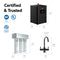 Product image displaying the 3-Stage Digital Instant Hot Water Under Sink Dispenser System in Oil-Rubbed Bronze, featuring three clearly labeled filters, a digital control box, and a modern black digital hot water faucet. Certification logos (NSF, UL, ETL) and detailed product dimensions for each component are also visible.