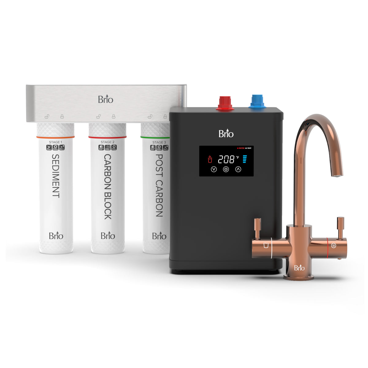 The 3-Stage Digital Instant Hot Water Under Sink Dispenser System in Rose Gold features three filter cartridges, a modern black electronic control unit with temperature display, and a metallic rose gold dual-flow faucet with two handles. All components are thoughtfully arranged on a white background, highlighting this advanced instant hot water dispensing solution.