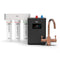 The 3-Stage Digital Instant Hot Water Under Sink Dispenser System in Rose Gold features three filter cartridges, a modern black electronic control unit with temperature display, and a metallic rose gold dual-flow faucet with two handles. All components are thoughtfully arranged on a white background, highlighting this advanced instant hot water dispensing solution.