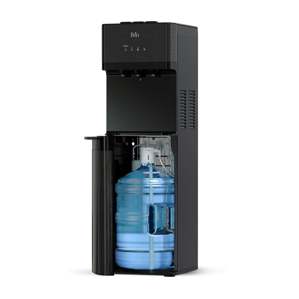 The Black Stainless Bottom Load + Water Filtration Dispenser - 520 No-Line features a sleek, modern design with an open lower compartment displaying a large blue water bottle. This dispenser includes indicator lights, a self-cleaning function, and convenient bottom loading for easy access.